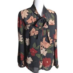 Monteau Black Multicolor Sheer Floral Neck Tie Front Blouse top Womens M